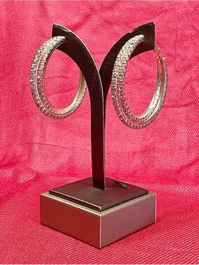 2” Vintage Silver Crystal Hoop Earrings